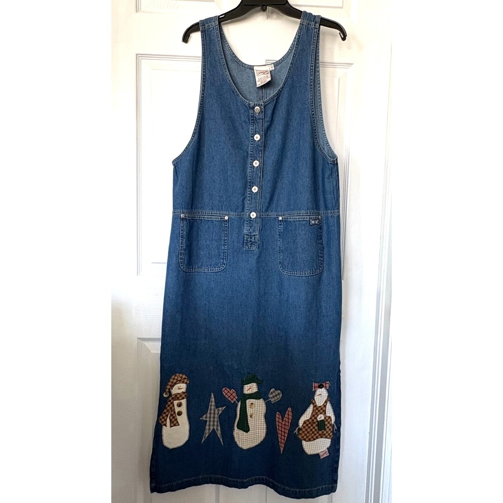 VTG Beverly's Denim‎ Jumper Dress LRG Snowman Appliqué USA True Blue Cottagecore